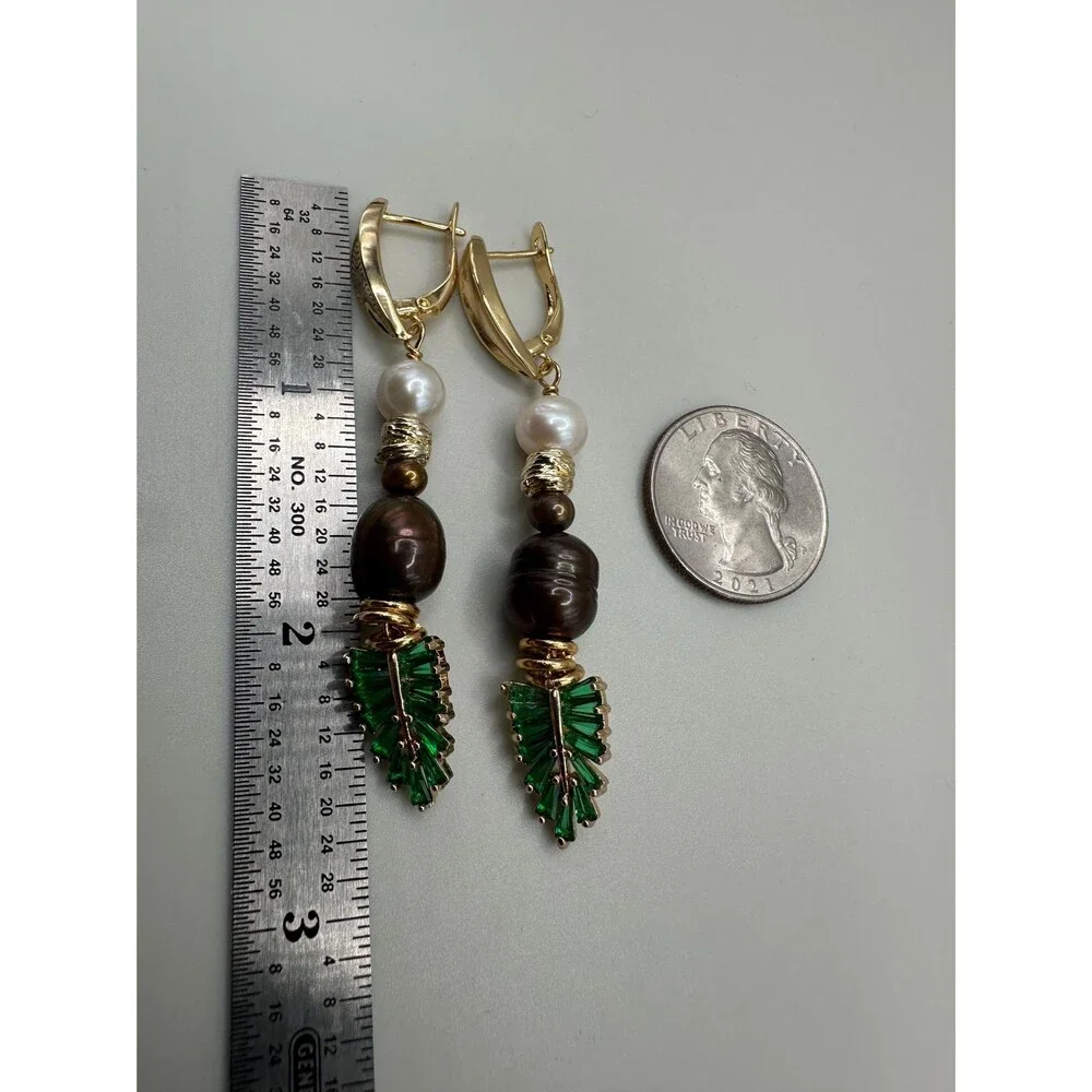 Nature-Inspired Leaf Long Dangle Earrings with Brown & white Freshwater Pearls -